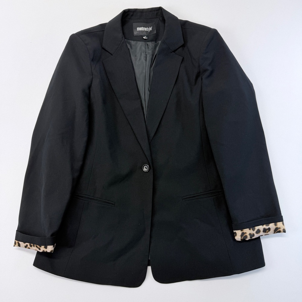 Metrostyle Black Single Button Blazer Leopard Print Cuffs Size 14